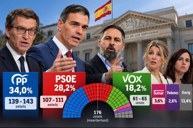 Nieuwe peiling: PSOE wint terrein, terwijl PP en Vox samen ruim boven meerderheid uitkomen