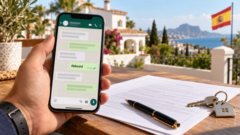 Telefoon met WhatsApp-bericht ‘Akkoord’, naast een contract en huissleutels op een terras in Spanje.
